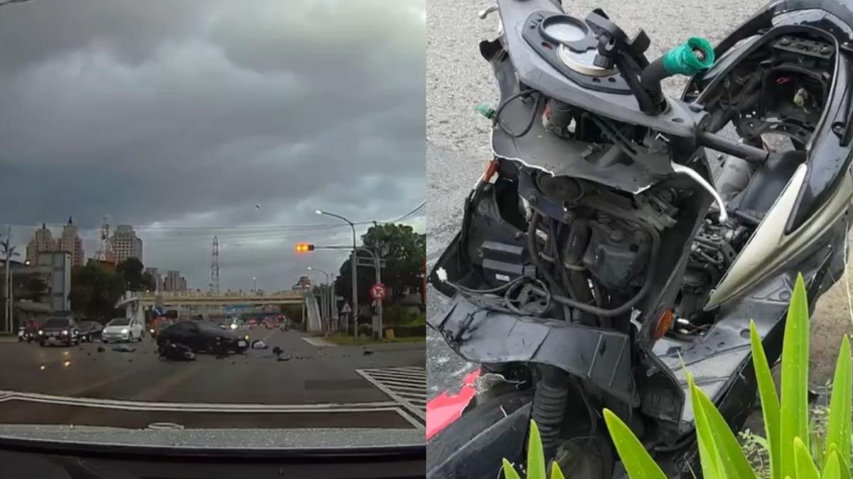 騎士闖紅燈和汽車碰撞拋飛倒地。(圖/左圖 翻攝自新竹大小事、右圖 TVBS)