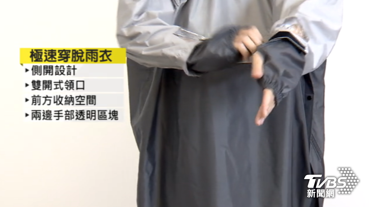 側開設計的機車雨衣主打3秒穿脫。(圖/TVBS)