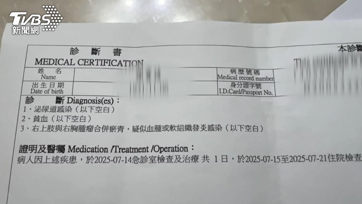 由於病因不明,後續轉診至醫學中心檢查後的結果。(圖/當事人提供)