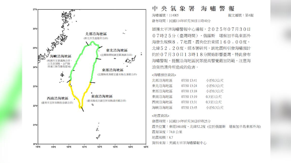 氣象署因應俄羅斯強震，於上午11時40分發布海嘯警報。（圖／翻攝自中央氣象署）