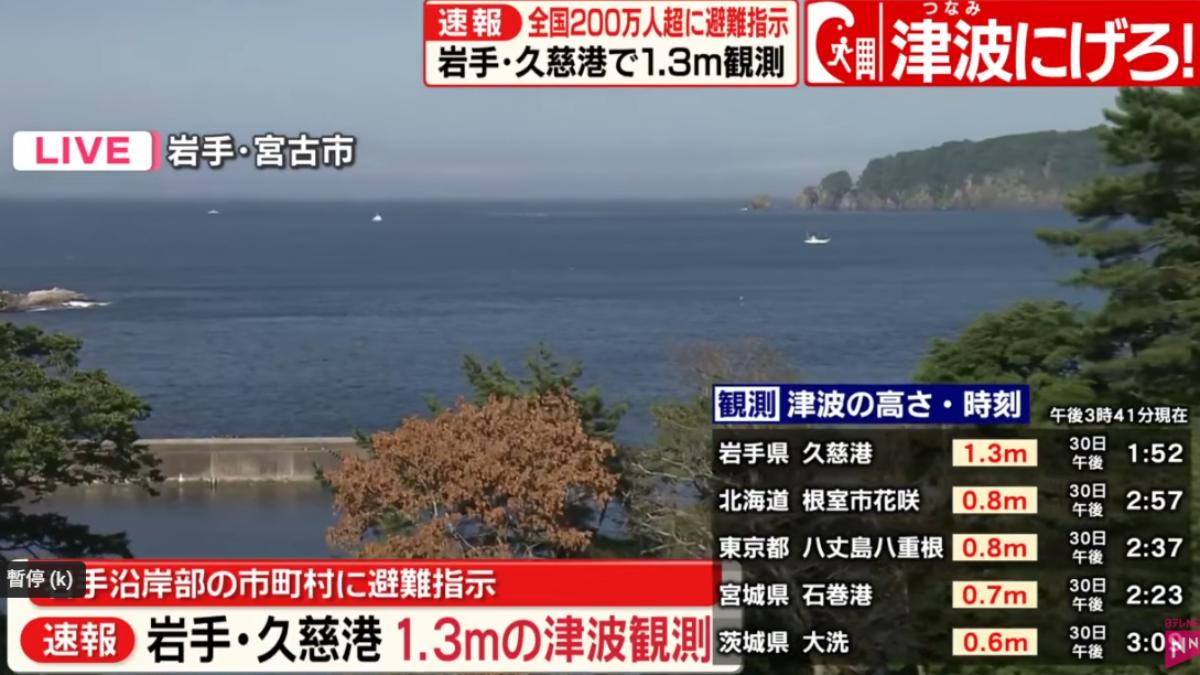 日本岩手縣現1.3公尺高海嘯 漁船上下狂搖「快越過碼頭」