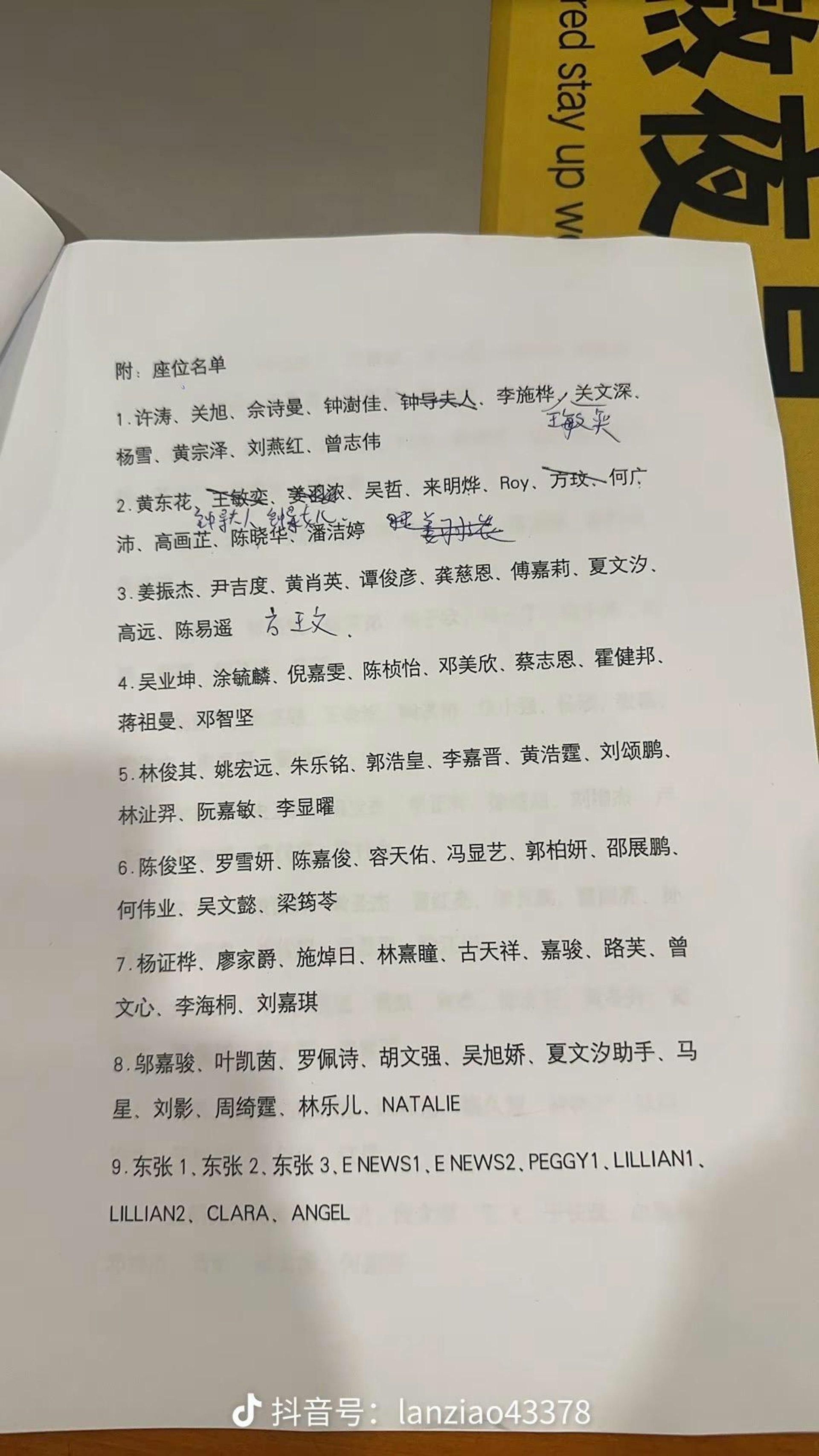 網友分享疑似是殺青宴的座位表。(圖/翻攝自抖音)