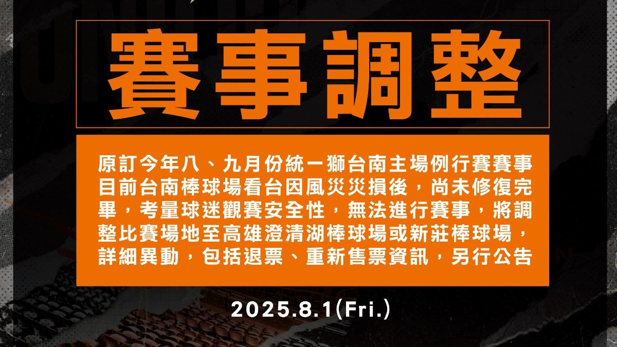 統一獅因台南球場難修復，賽事場地調整。（圖／統一獅提供）