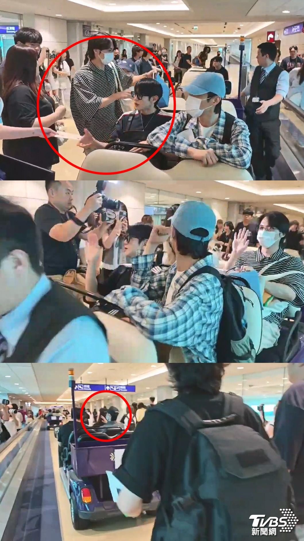 梁耀燮(上圖黑衣)收粉絲信後回應謝謝,全團4人離去時都沿路揮手致意。(圖/廖宗慶攝)