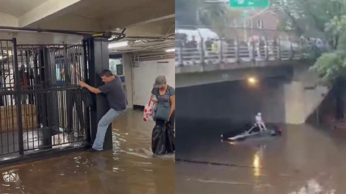 美東又遭暴雨！交通混亂　司機車頂等救援、紐約地鐵牆壁狂噴水