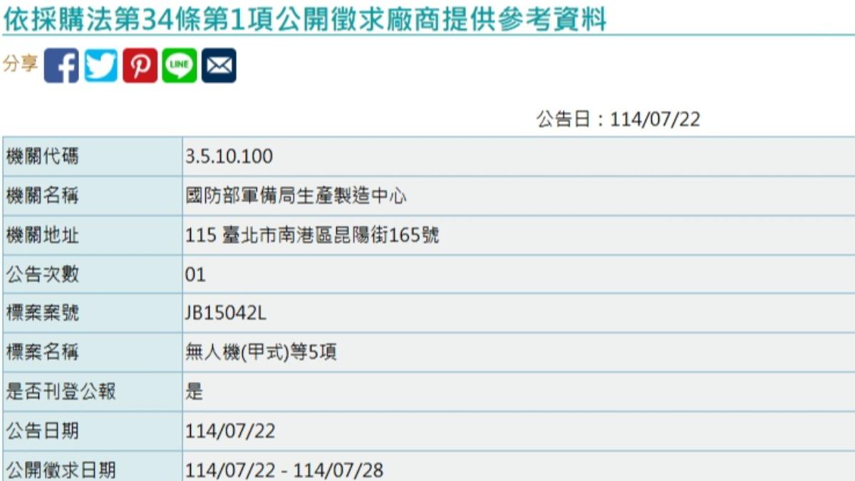 政府電子採購網上,出現了軍備局公告的公開徵求案,內容是五款軍用無人機的規格與採購數量。