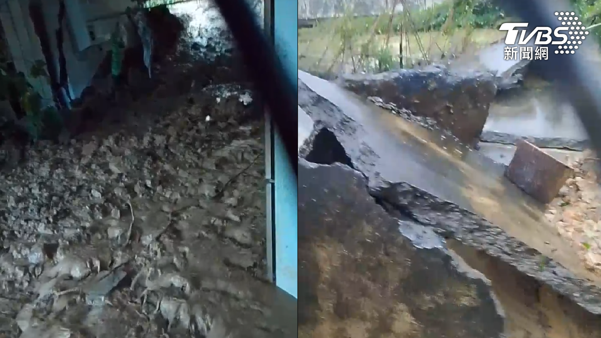 土石流沖進住家,還將外頭道路地基掏空。(圖/民眾提供)