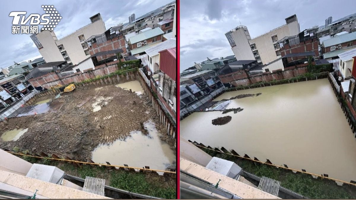 從對照圖看地基往下挖約一公尺，連日下雨變成大水池。(圖／TVBS)