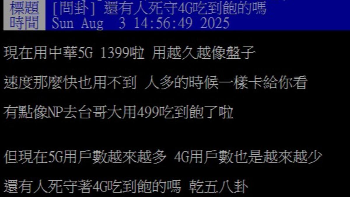 原PO好奇是否還有人「死守4G」?結果眾人一面倒持不同看法。(圖/翻攝自PTT)