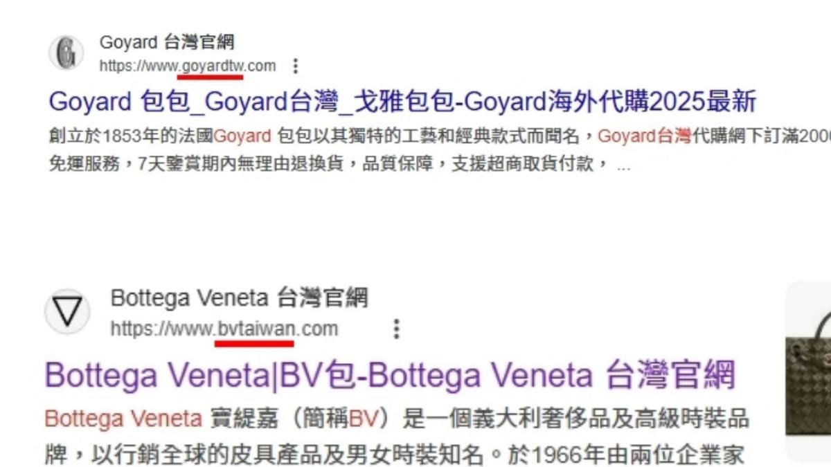 類似的事情也發生在精品品牌Bottega Veneta、Goyard網站上。（圖／翻攝自Google搜尋畫面）