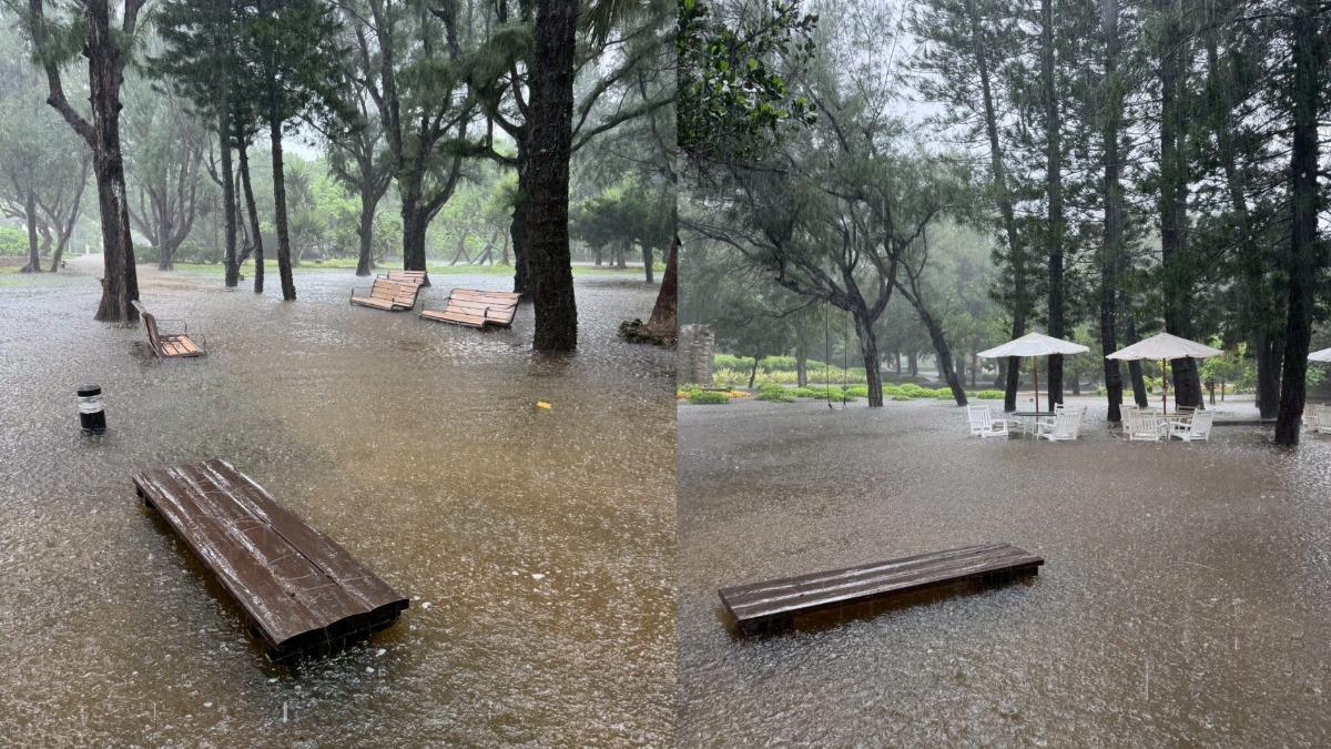林投公園與咖啡廳皆淹水嚴重。(圖/蕭越授權提供)