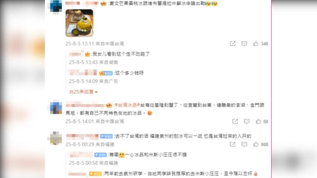 中國網友紛紛留言贊同,也有人表示想到台灣享用冰品。(圖/翻攝自微博)
