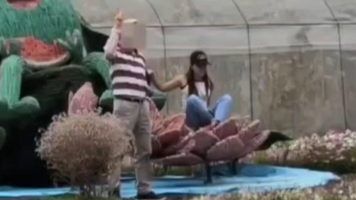 女子爬上蓮花造型的裝置藝術上拍照。(翻攝自爆料公社)