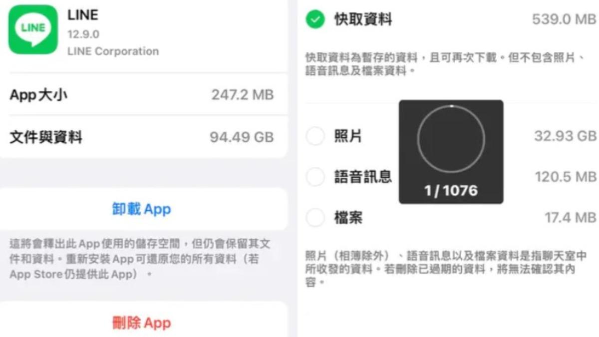 原PO的LINE存在大量照片與快取,導致佔用空間一度高達94G。(圖/翻攝自Dcard)