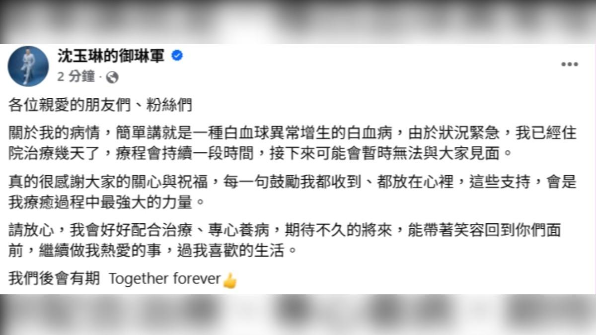 沈玉琳說明病情。(圖/翻攝沈玉琳臉書)