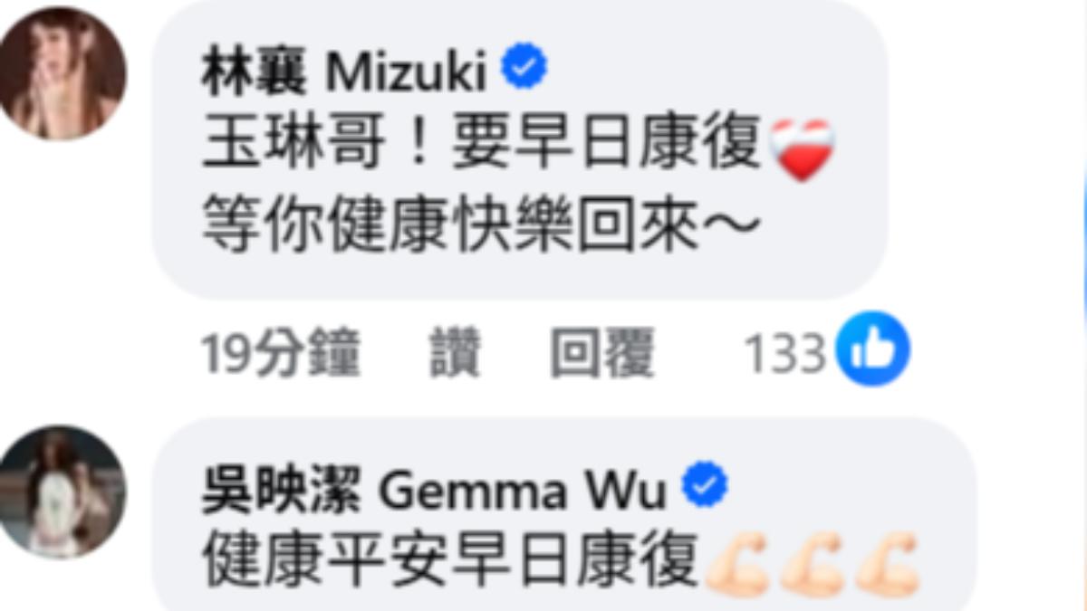 林襄、鬼鬼留言祈福。(圖/翻攝自沈玉琳臉書)