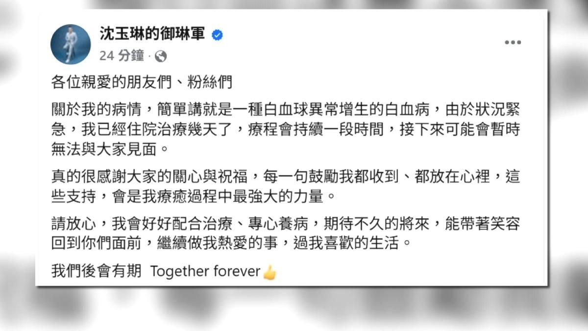沈玉琳終於親自發文說明自己的健康狀況。(圖/網路翻攝)