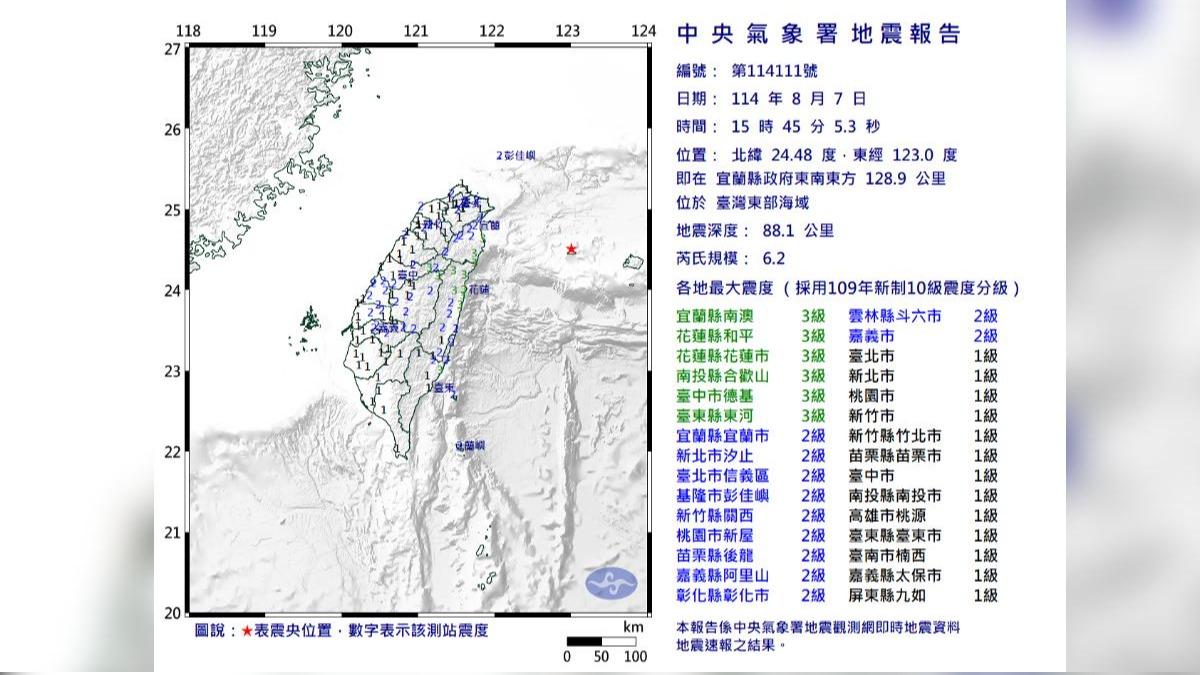 台灣東部海域7日下午3時45分發生規模6.2地震。（圖／氣象署）