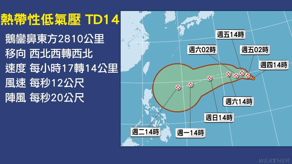 今日生成的熱帶性低氣壓TD14,不排除會在下週接近台灣、帶來水氣。(圖/TVBS)