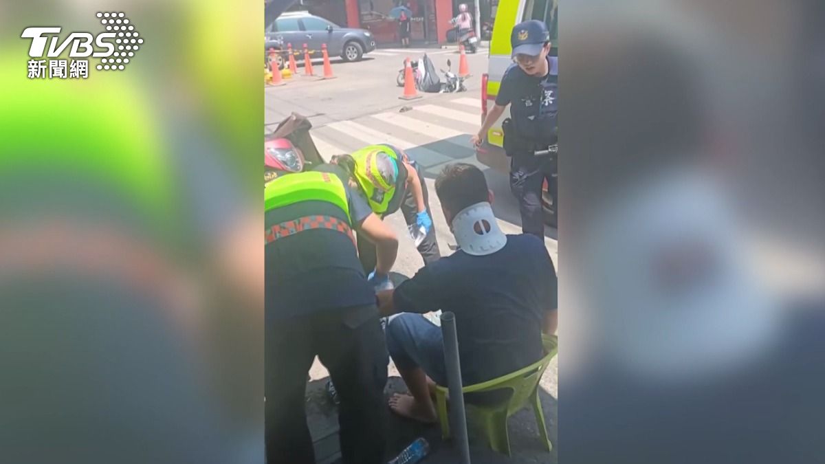 騎士慘摔「天坑」僅輕傷,警方也在現場擺放三角錐警示。(圖/警方提供)