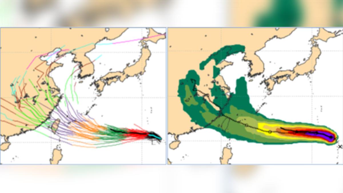 歐洲模式系集模擬路徑（左圖）的平均，下週三、四通過台灣北部海面，個別模擬路徑則在兩側、相當分散。歐洲模式系集模擬「暴風圈侵襲機率圖」（右圖）則顯示，「楊柳」暴風圈侵襲機率稍降至20%至30%。（圖／翻攝自「洩天機教室」專欄）
