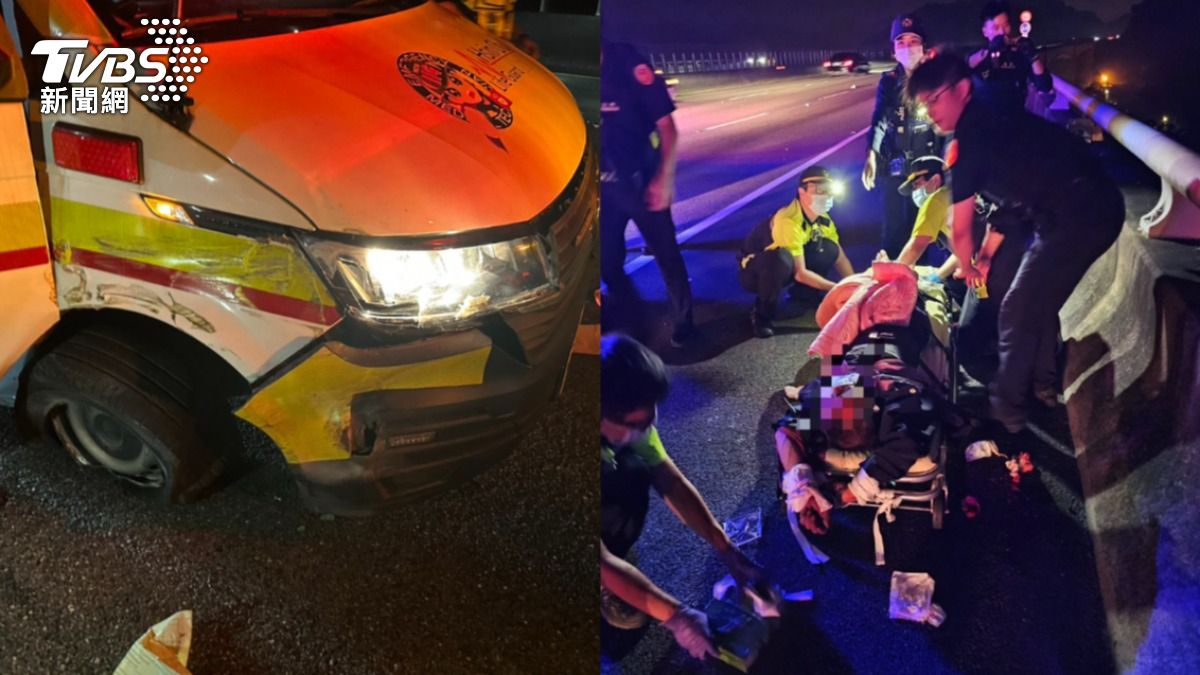 男子持刀搶救護車,自撞護欄。(圖/TVBS)