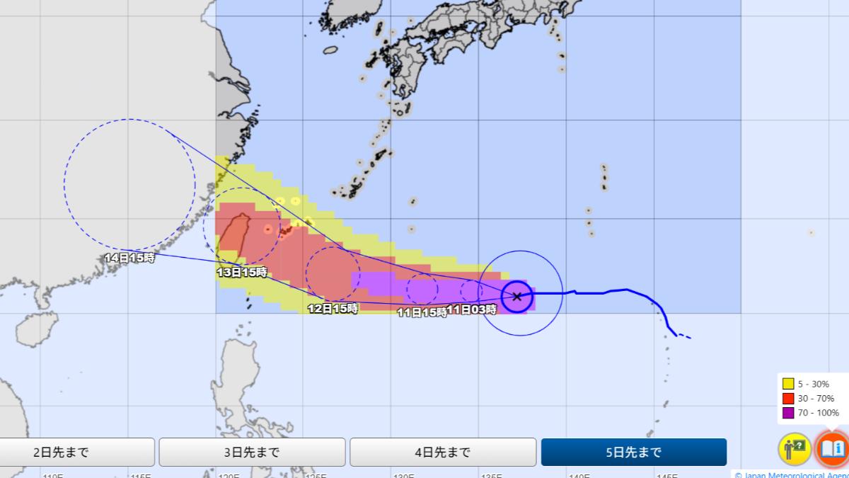 日本氣象廳預測，北台灣進入颱風暴風域的機率為30%至70%。（圖／翻攝自日本氣象廳）