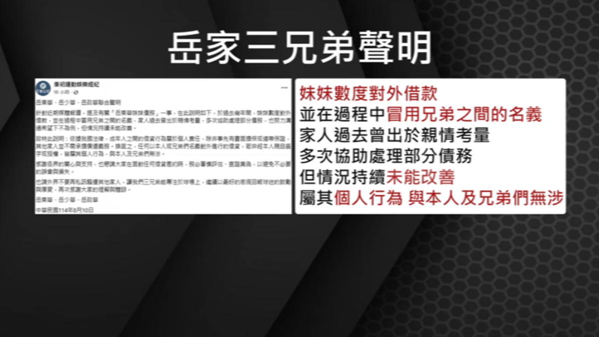 岳家三兄弟發聲明澄清，妹妹債務狀況屬個人問題。（圖／TVBS）