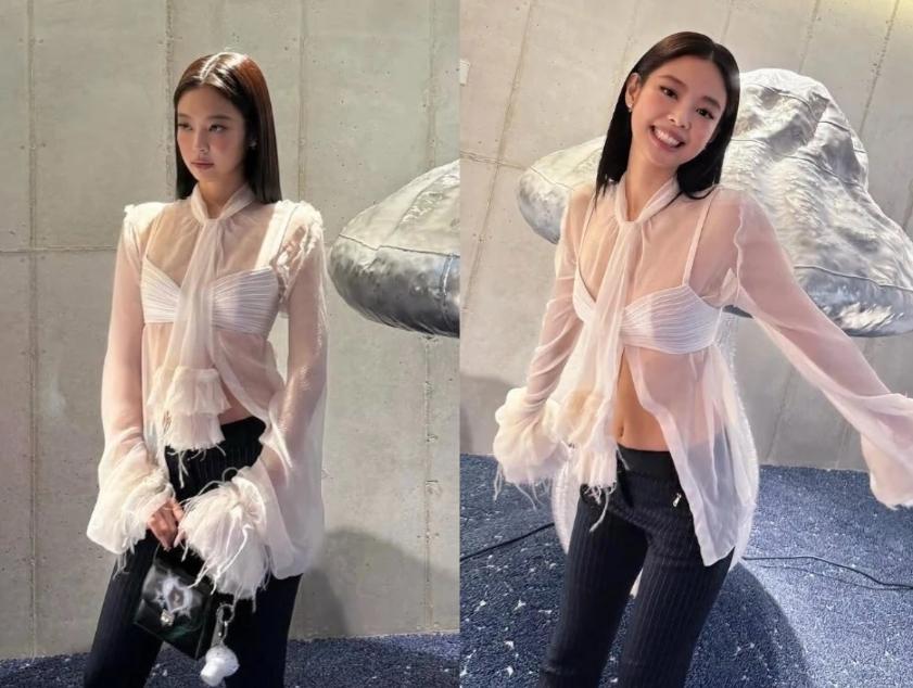 Jennie透膚襯衫穿搭。(圖/翻攝自IG@jennierubyjane)