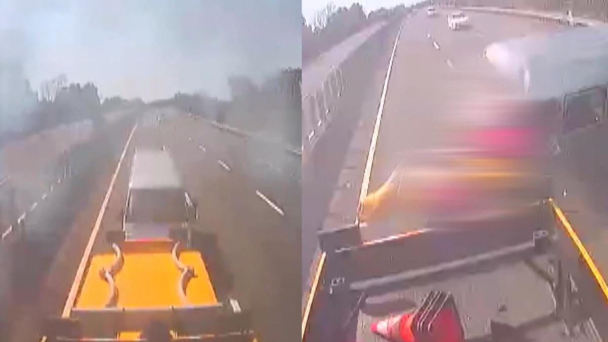 棒球隊教練載著7名球員，疑沒有減速國道上追撞防撞車。（圖／翻攝記者爆料網）