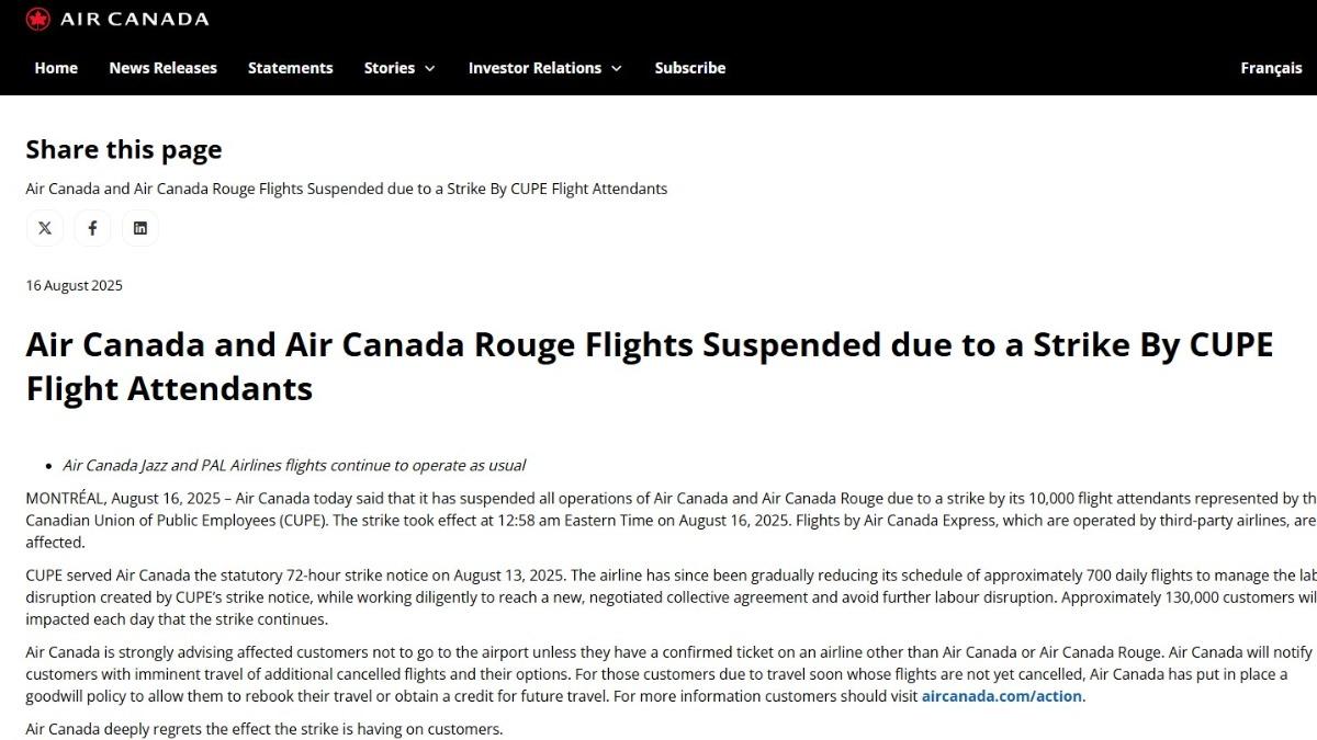 加航空服員罷工已取消上千航班 估每天約13萬旅客行程被打亂