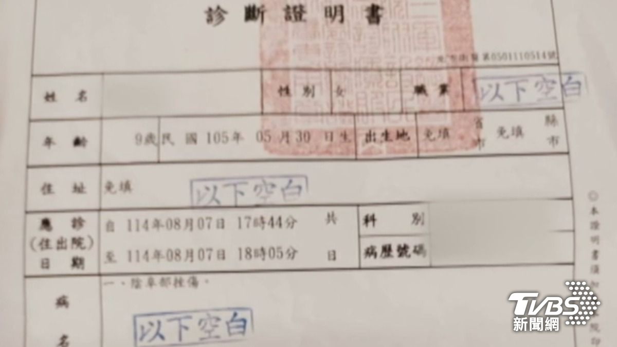 女童參加國小暑期安親班遭同校高年級男學生踢傷，家長出示驗傷診斷證明書。（圖／TVBS）