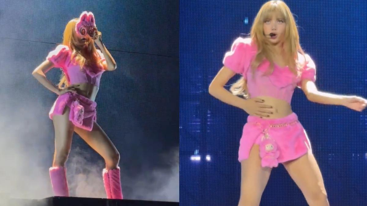 LISA扮成LABUBU!亮粉色毛絨套裝超吸睛。(圖/翻攝自微博)