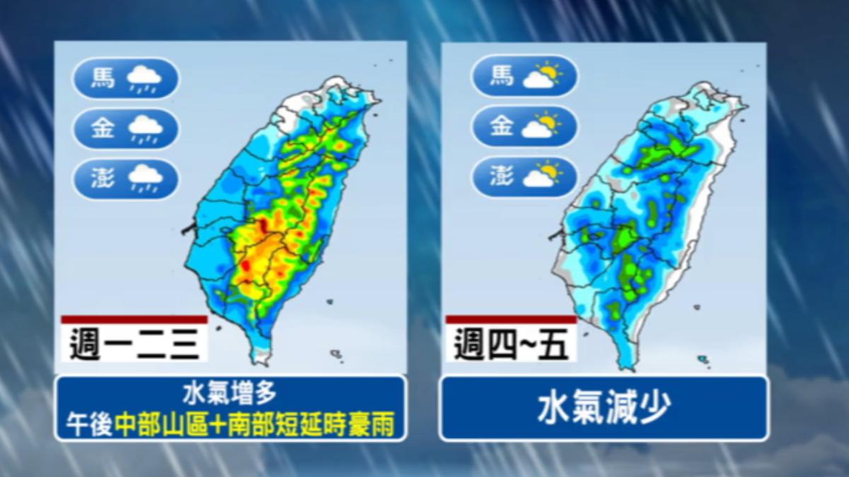 週一開始至週三水氣增加,午後南部留意短延時豪雨。(圖/TVBS)