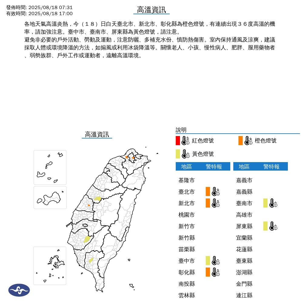 氣象署示警，臺北市、新北市、彰化縣有連續出現36度高溫的機率。（圖／翻攝自氣象署官網）