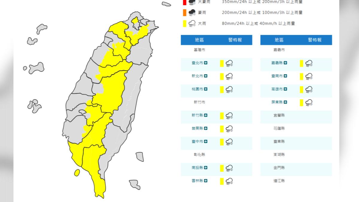 天氣/雨彈轟炸!12縣市大雨特報 台北雙溪暴雨預警