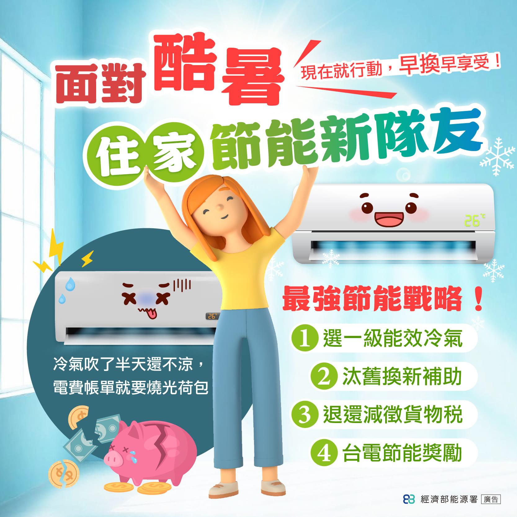 這項汰換冷氣補助計畫結合了多重優惠，包括補助金、退還貨物稅減徵，以及台電提供的節能獎勵。（圖／翻攝經濟部能源署FB）