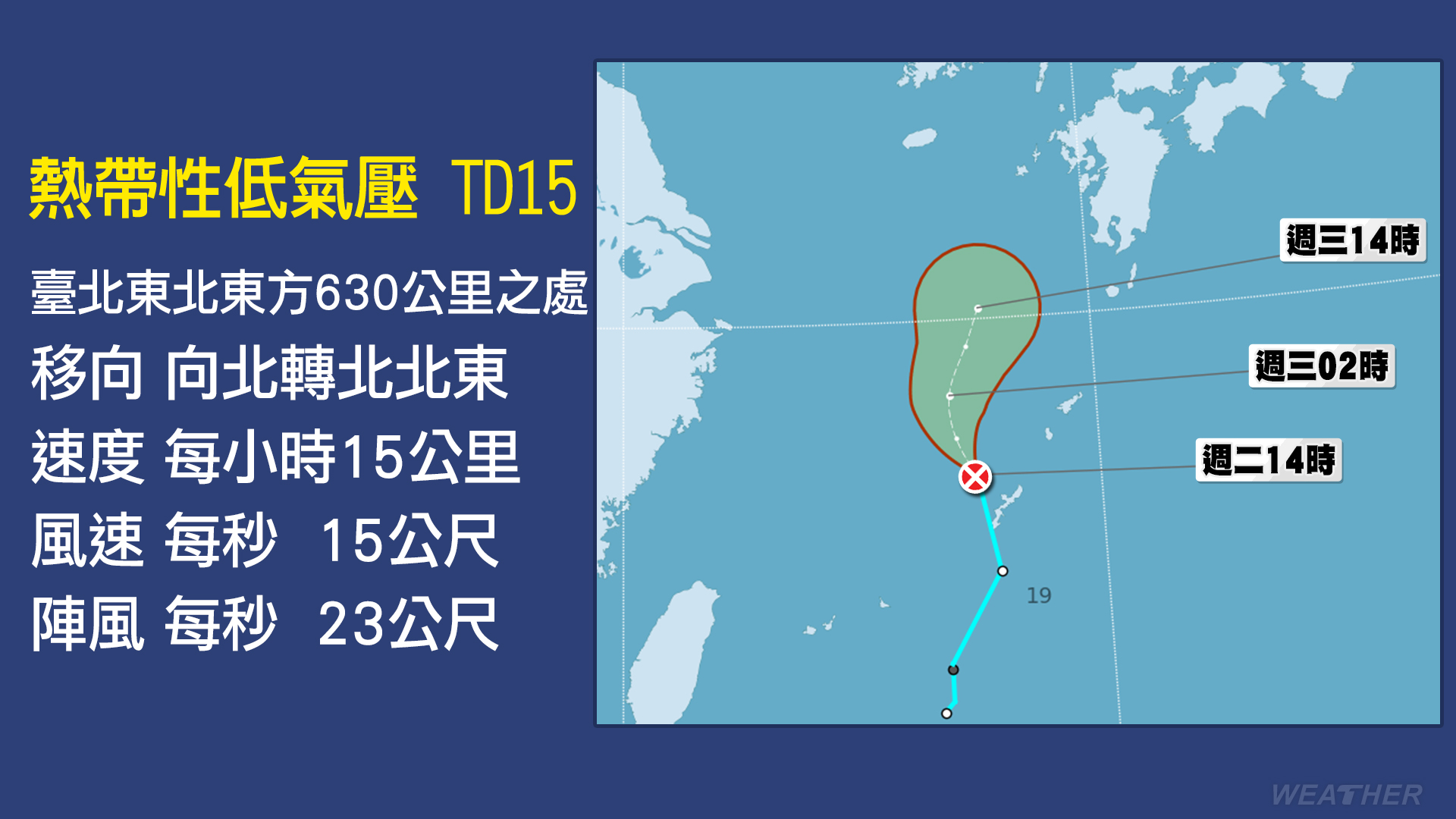 熱帶性低氣壓TD15路徑預測圖。(圖/TVBS)
