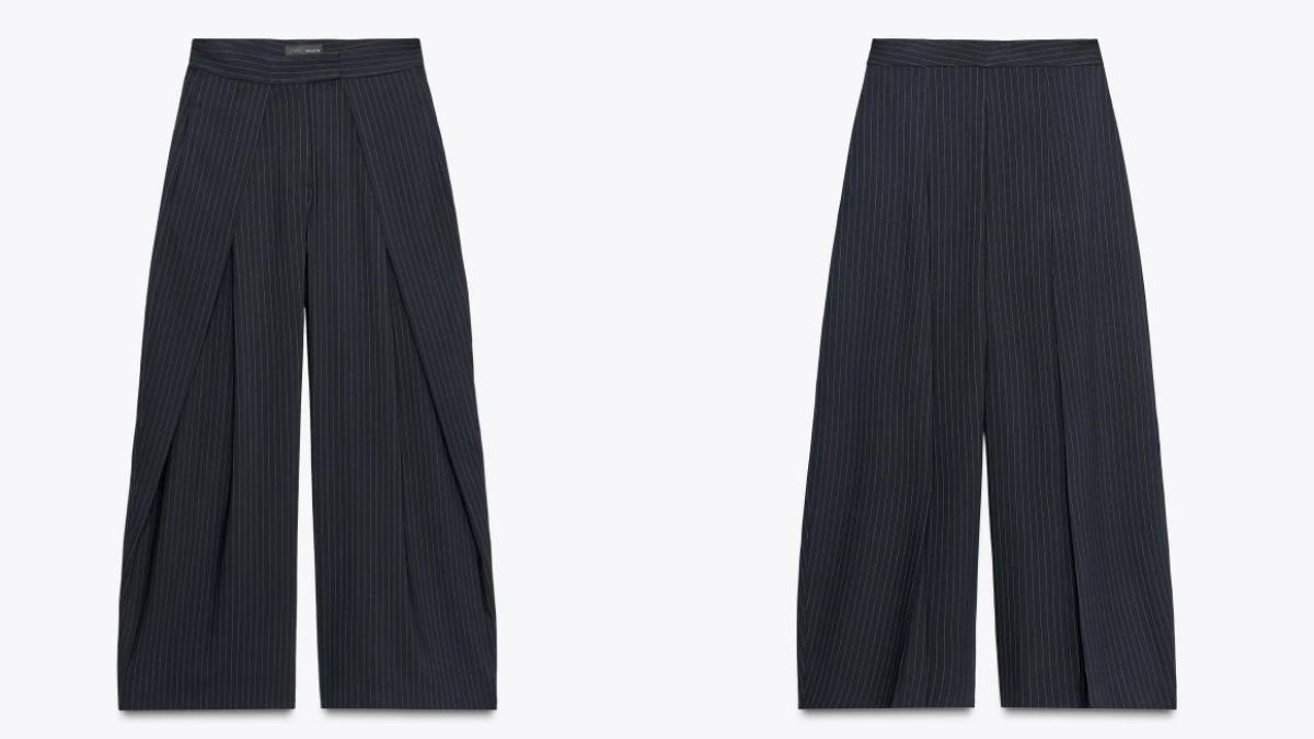 ZW COLLECTION 細條紋長褲的中性版型讓男女都能輕鬆駕馭。（圖／Zara）