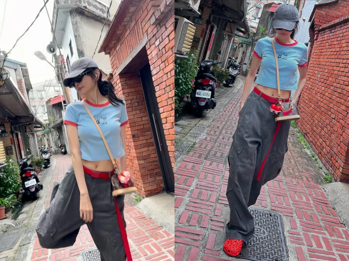 上窄下寬的搭配法能讓人把視覺集中在纖細的上半身。(圖/翻攝自謝金燕IG)