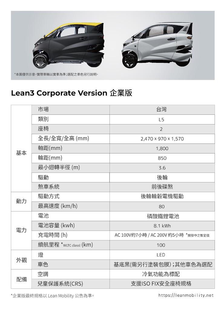 Lean Mobility釋出之Lean3企業版規格。（圖／Lean Mobility提供）