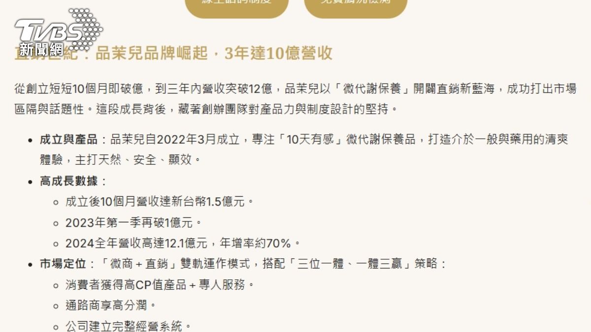 「品茉兒」官網坦言，就是微商加上直銷，3年來打造10億營收。（圖／翻攝品茉兒官方網站）