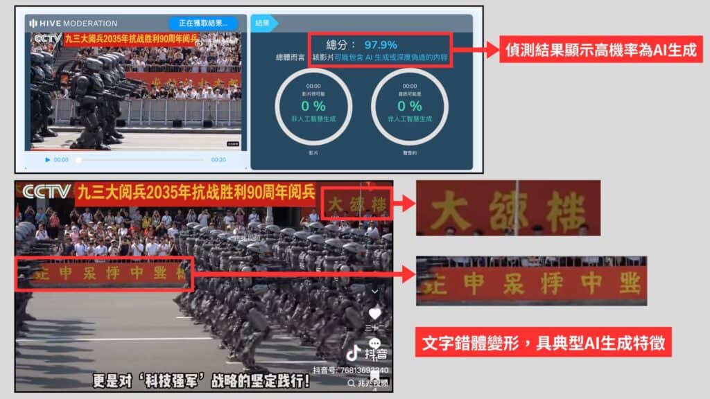 AI偵測顯示影片高機率為AI生成。（圖／擷取自網路查核中心）