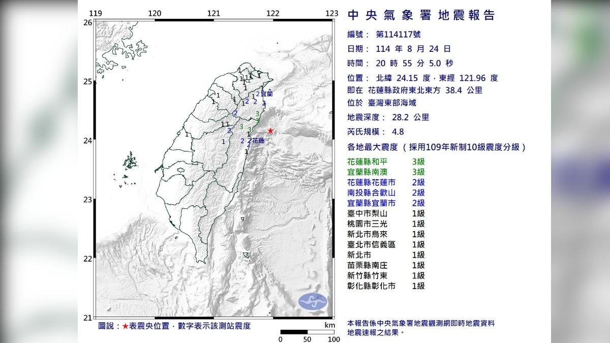 快訊／20：55左右花蓮地區發生有感地震，預估震度3級以上地區曝。（圖／中央氣象署）