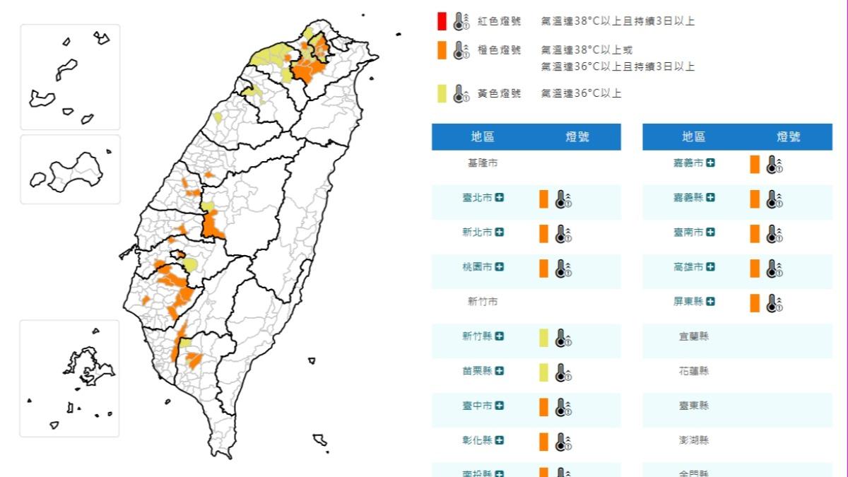 氣象署發布高溫資訊,雙北、桃園注意38度極端高溫。(圖/中央氣象署)