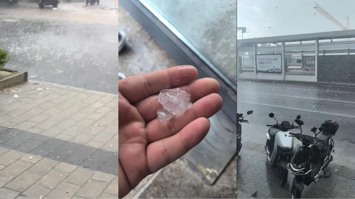 上海很久沒下雨,突然暴雨、下冰雹。(圖/翻攝自微博)