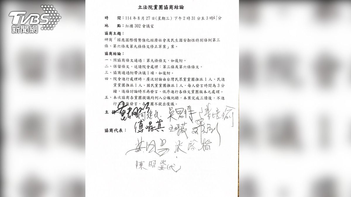 立法院長韓國瑜今日(27日)主持朝野協商,針對行政院提出的韌性條例達成部分共識,其中第9條通過普發現金一萬元將於法律公布後一個月內開始執行,七個月內須完成發放。(圖/讀者提供)