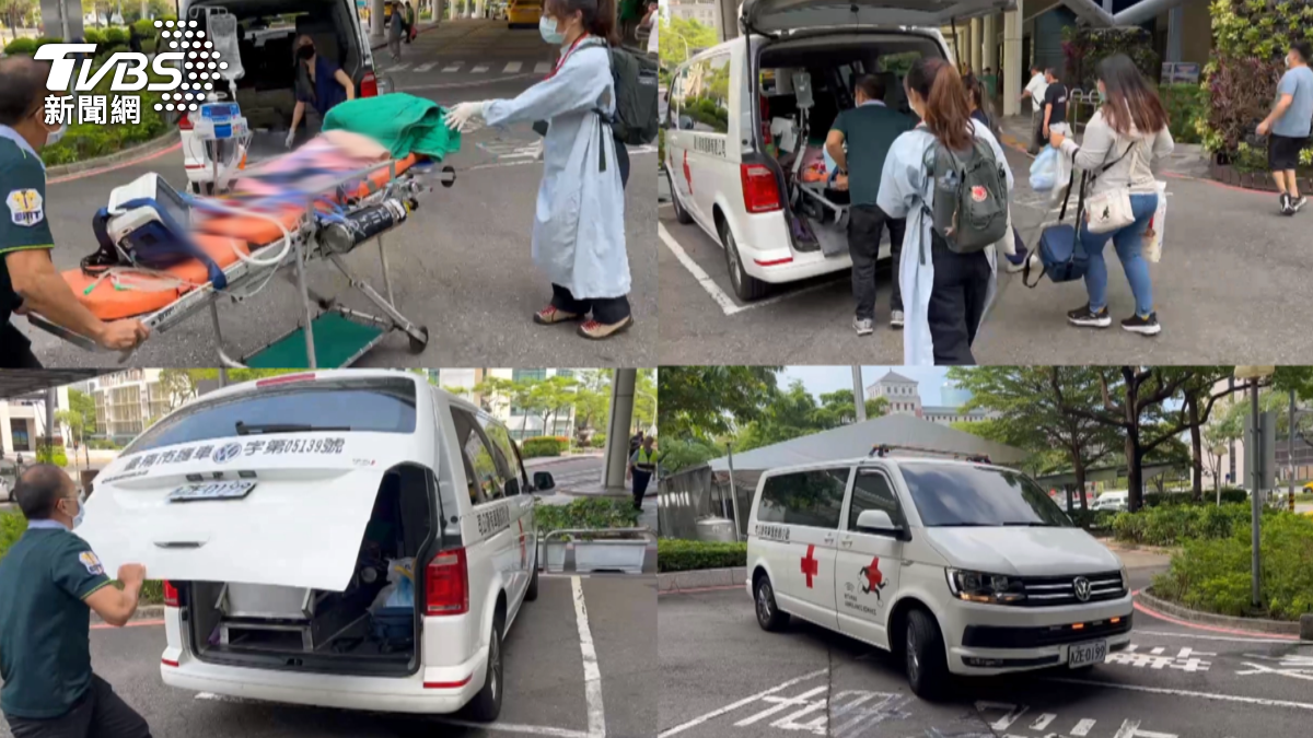 在成大醫院急診門口,救護車已經待命準備就緒,當時間一到,急診人員推著一名早產兒的擔架出來。(圖/TVBS)