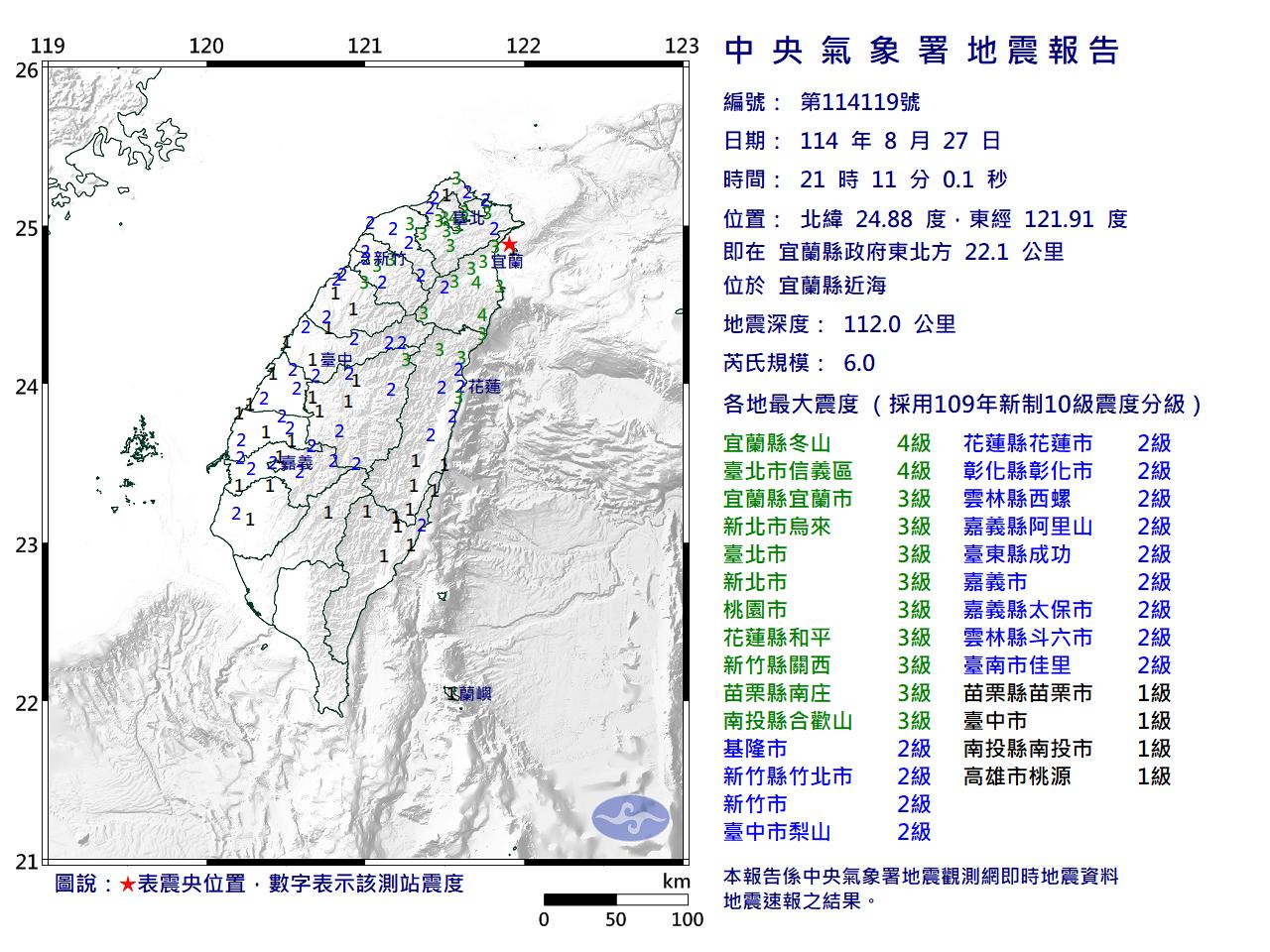 宜蘭6.0地震威力堪比半顆原子彈,多個縣市有感。(圖/氣象署)