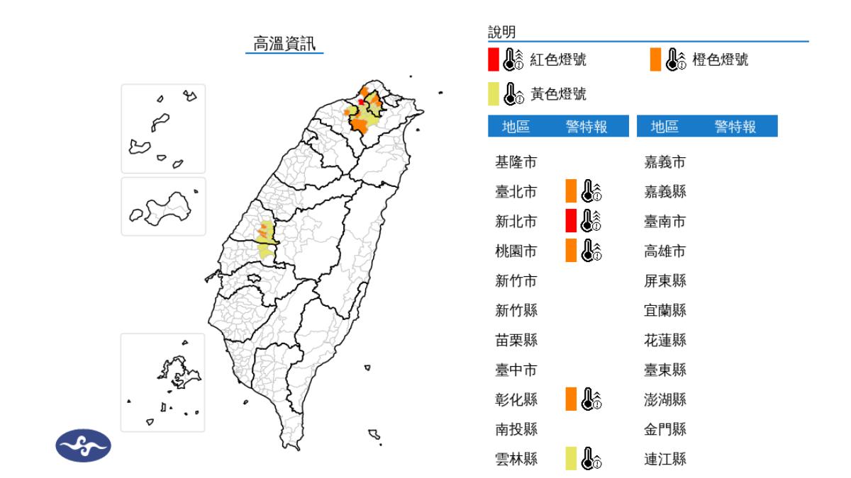 氣象署示警高溫資訊。(圖/中央氣象署)